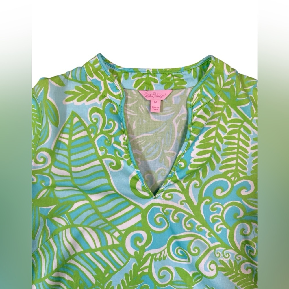 Lilly Pulitzer Bright Green Blue Tropical Leaf Print Ciara Tunic Top Size Medium - Picture 6 of 10